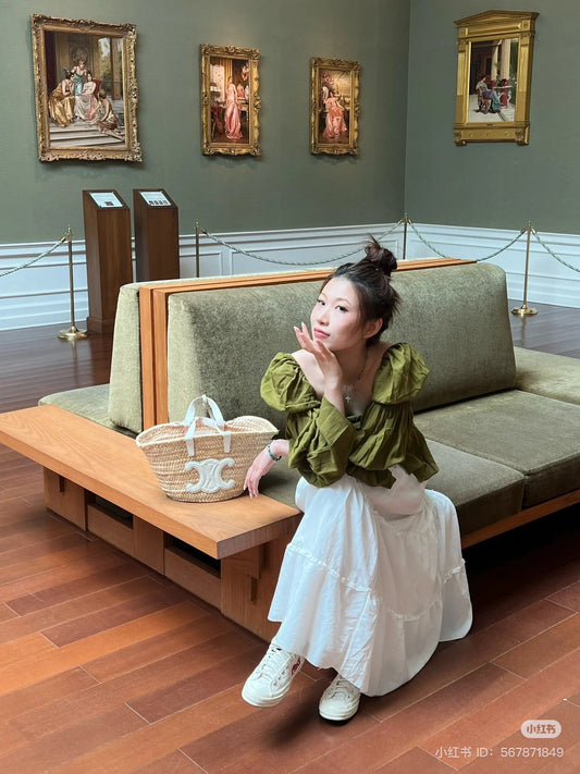 nữ xách túi TEEN CELINE WHITE CLASSIC PANIER IN PALM LEAVES AND CALFSKIN 113832CGG.01BC