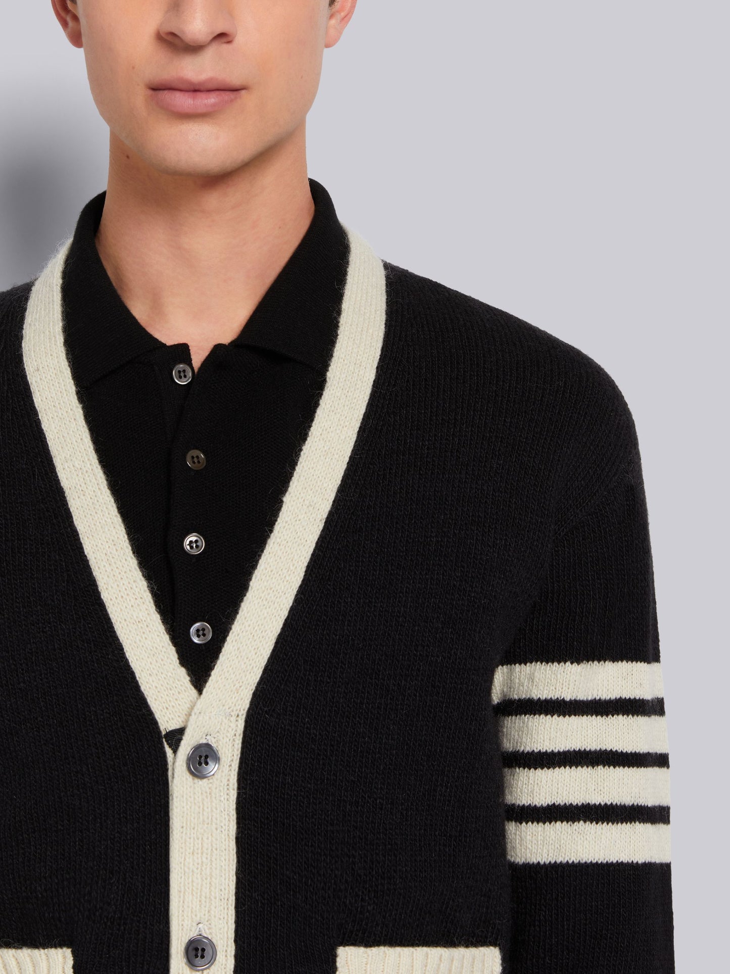 chi tiết THOM BROWNE BLACK JERSEY STITCH MOHAIR TWEED 4-BAR V-NECK CARDIGAN MKC367BY1502001