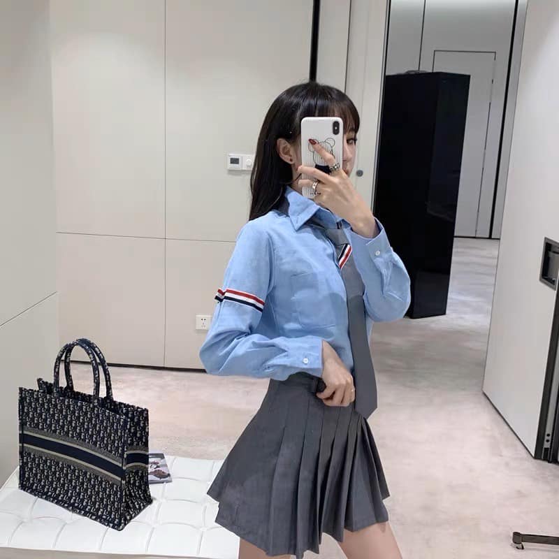 wearing THOM BROWNE BLUE GROSGRAIN PLACKET OXFORD SHIRT MWL150E-F0313-480