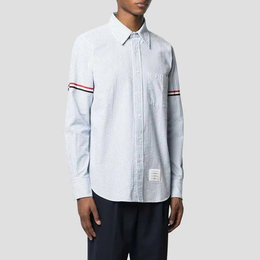 wearing Thom Browne Blue Striped Seersucker Armband Shirts MWL301A-00572-450