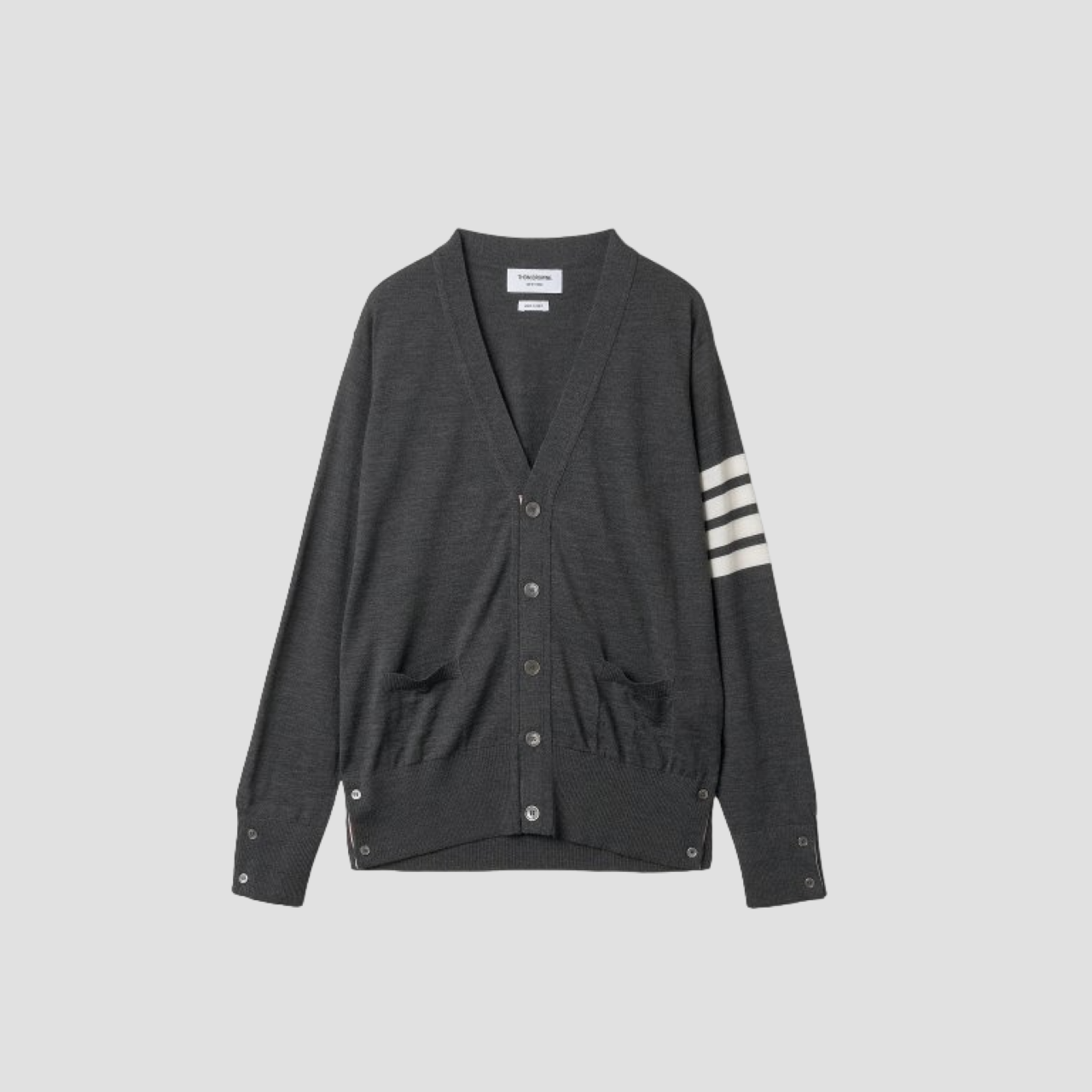 THOM BROWNE DARK GREY WOOL CLASSIC V-NECK CARDIGAN MKC002A-Y1014-022