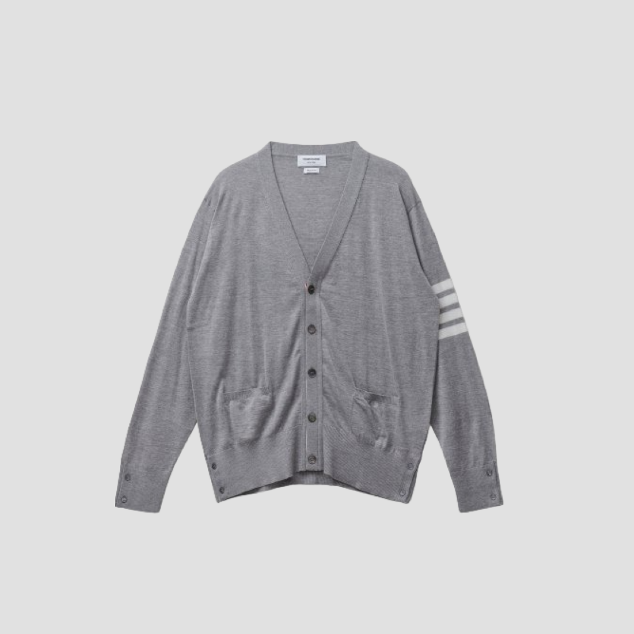 THOM BROWNE LIGHT GREY FINE MERINO WOOL V-NECK 4-BAR CARDIGAN MKC002A00014058