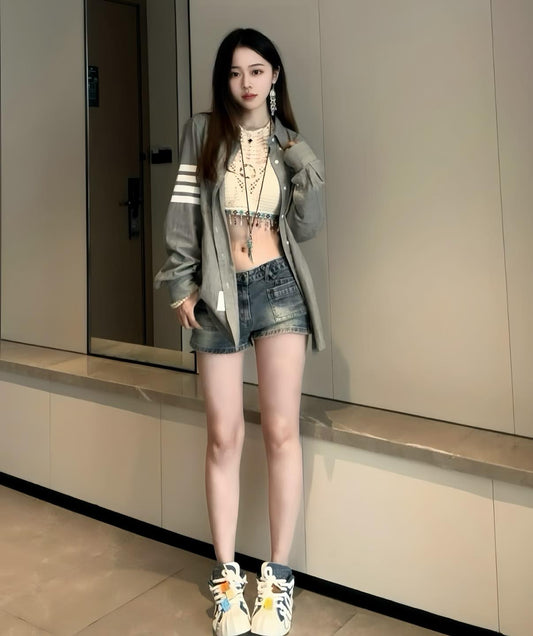 nữ mặc áo THOM BROWNE MEDIUM GREY FLANNEL 4-BAR SHIRT MWL272A-05245-035