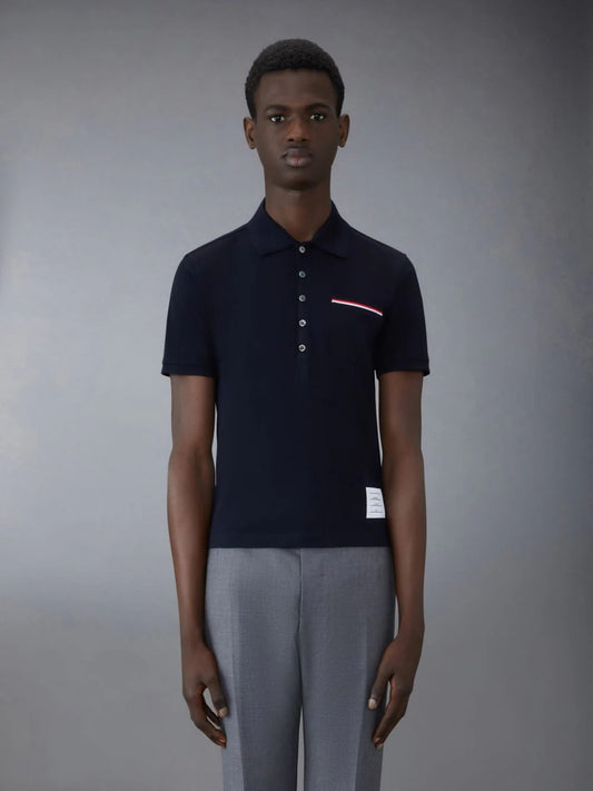 mẫu mặc áo THOM BROWNE NAVY PIQUE POCKET POLO MJP022A-01455-415