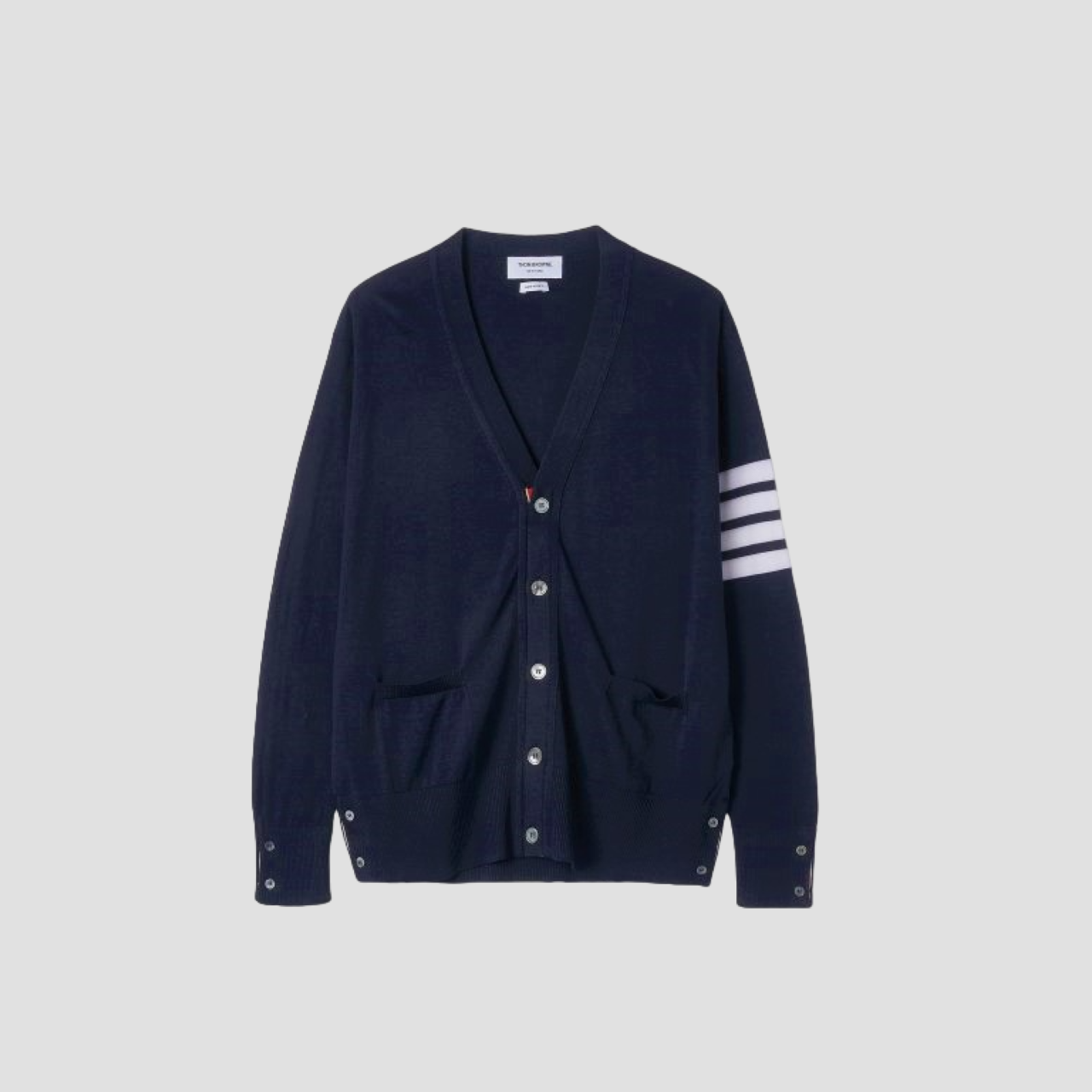THOM BROWNE NAVY WOOL CLASSIC V-NECK CARDIGAN
