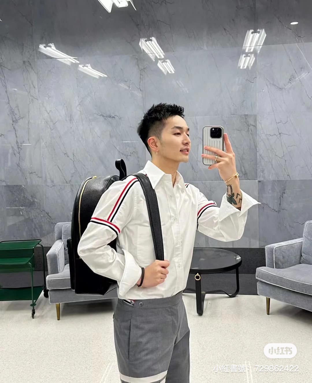wearing THOM BROWNE WHITE OXFORD ELASTIC SHIRT MWL270A-F0313-100