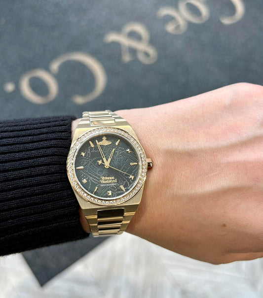 wearing VIVIENNE WESTWOOD CHARTERHOUSE GOLD GREEN WATCH VV244GDGR