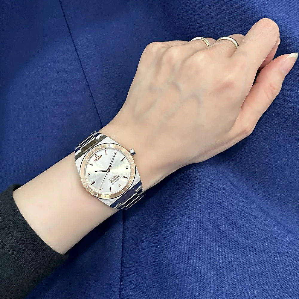 wearing Vivienne Westwood Charterhouse Rose Gold Silver Watch VV244SLSR