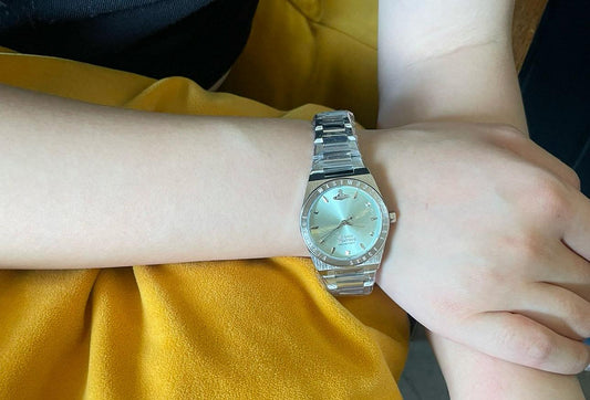 wearing VIVIENNE WESTWOOD CHARTERHOUSE SILVER-GREEN WATCH VV244PGRSL