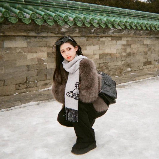 wearing Vivienne Westwood Double Logo Scarf Off-White 81030006-W00ZH 8050889977346