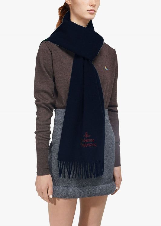 wearing Vivienne Westwood Embroidered Scarf Navy 81030007-W00Q7