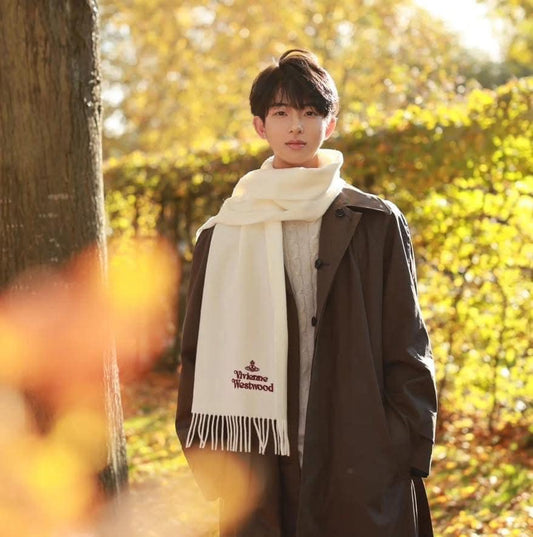 wearing Vivienne Westwood Embroidered Scarf White 81030007-W00Q7-WHITE