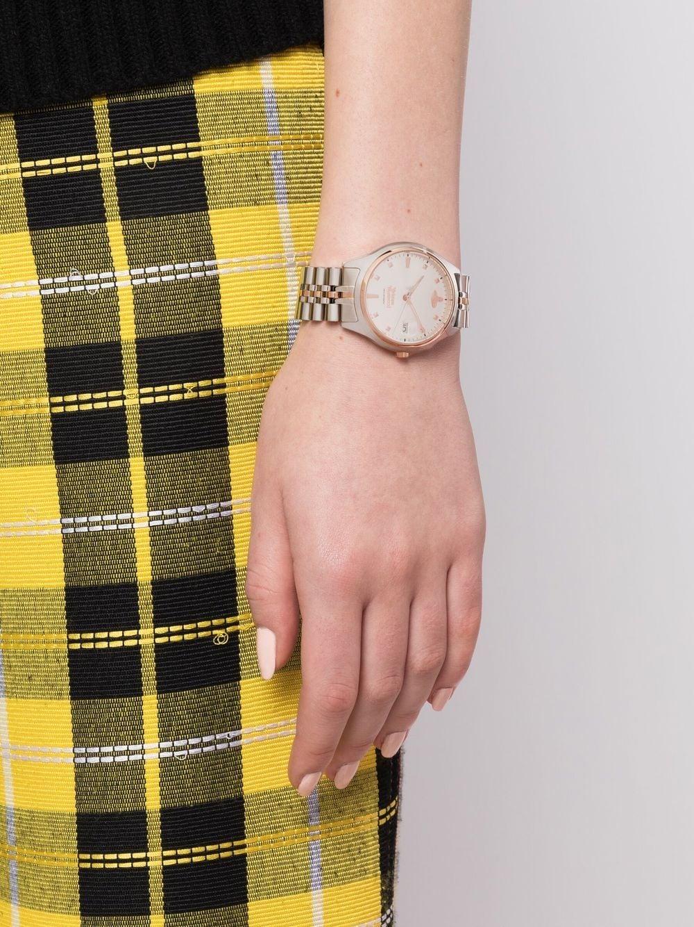 wearing VIVIENNE WESTWOOD LADIES CAMBERWELL SILVER ROSE GOLD WATCH VV261SLSR