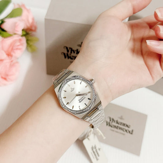 wearing Vivienne Westwood Limehouse Crystal Silver Watch VV311SLSG