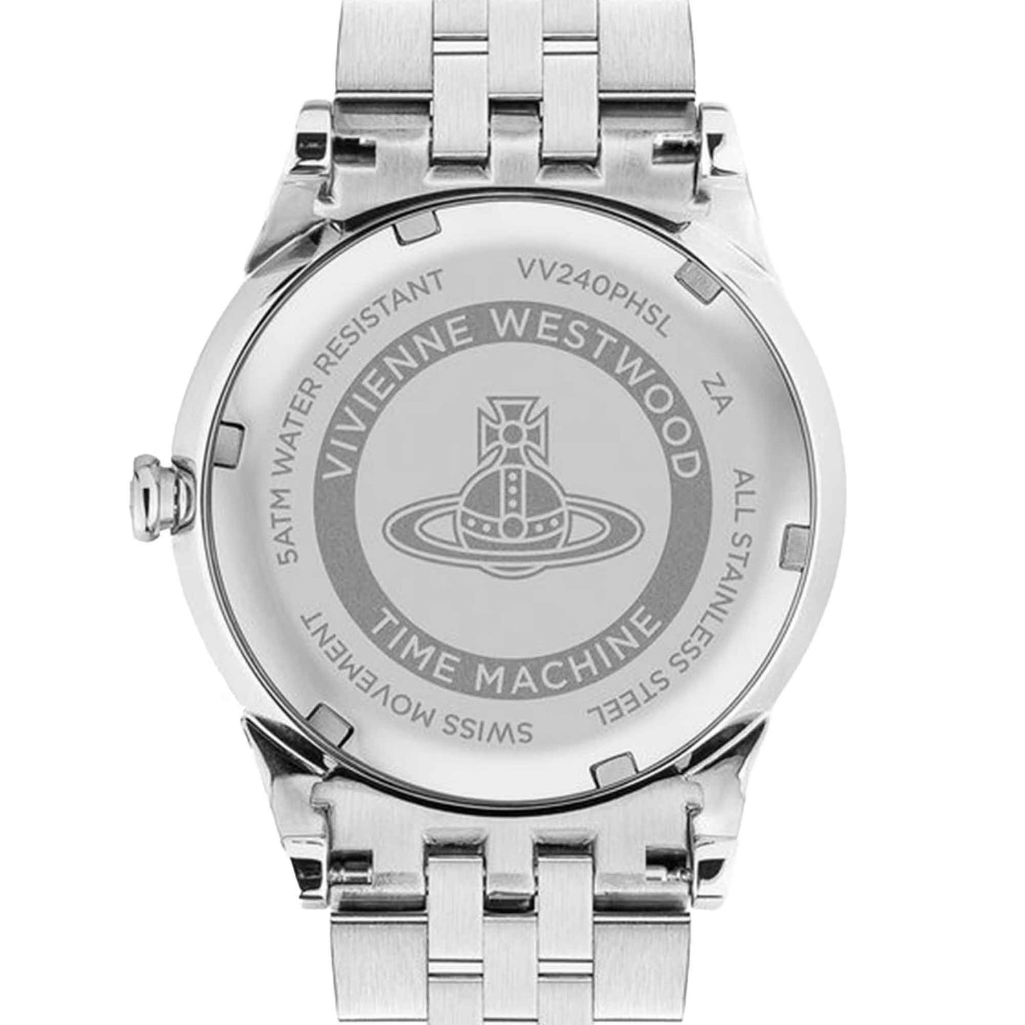 behind Vivienne Westwood Little Seymour Peach Dial Silver Watch VV240PHSL with brand logo on a white background