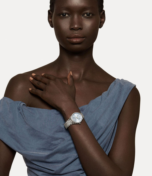 wearing Vivienne Westwood Little Wallace Blue Dial Silver Watch VV327LBLSL 8050164231149