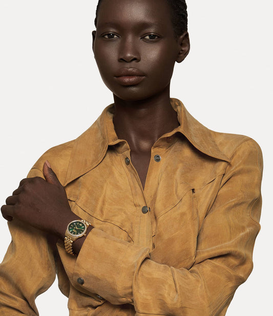 wearing Vivienne Westwood Little Wallace Green Dial Gold Watch VV327GRGD 8050164231132