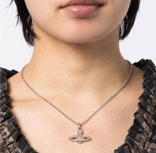 wearing Vivienne Westwood Mini Bas Relief Rose Pendant Necklace 63020086-02P207-CN