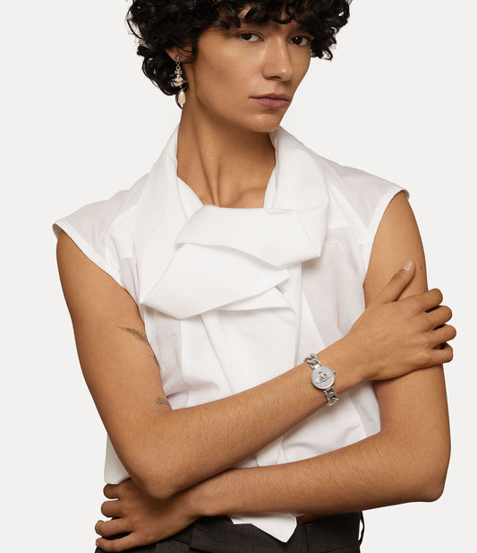 wearing Vivienne Westwood Orb Button Silver Watch VV323WSSL 8050164231095