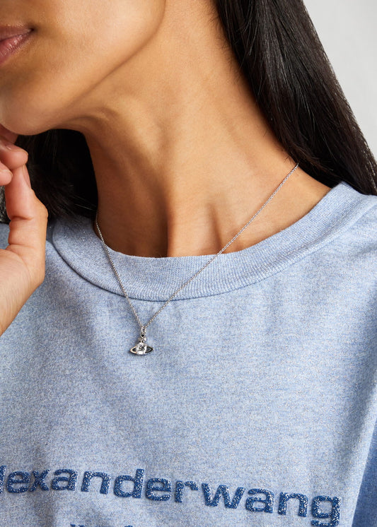 wearing Vivienne Westwood Silver Reina Pendant Necklace 63020095_02P102_SM 8050889140627
