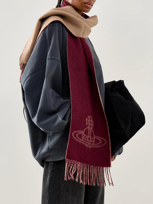 wearing Vivienne Westwood Single Orb Double Scarf Camel 81030006-W00ZH-C406 8053195325931