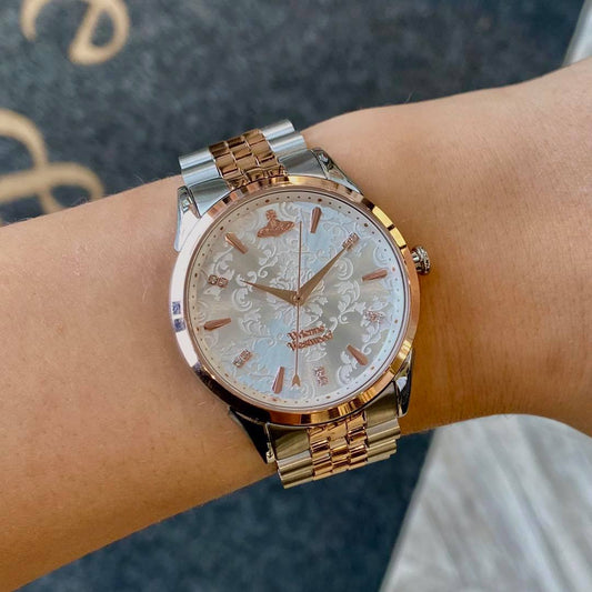 wearing VIVIENNE WESTWOOD WALLACE ROSE GOLD SILVER WATCH VV208RSSL