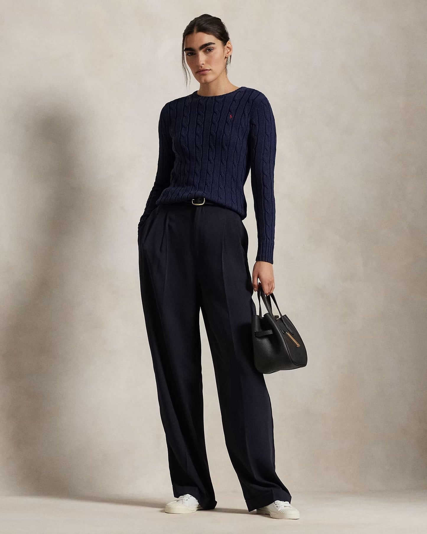 nữ mặc áo Polo Ralph Lauren Cable-Knit Cotton Crewneck Jumper Hunter Navy 638616