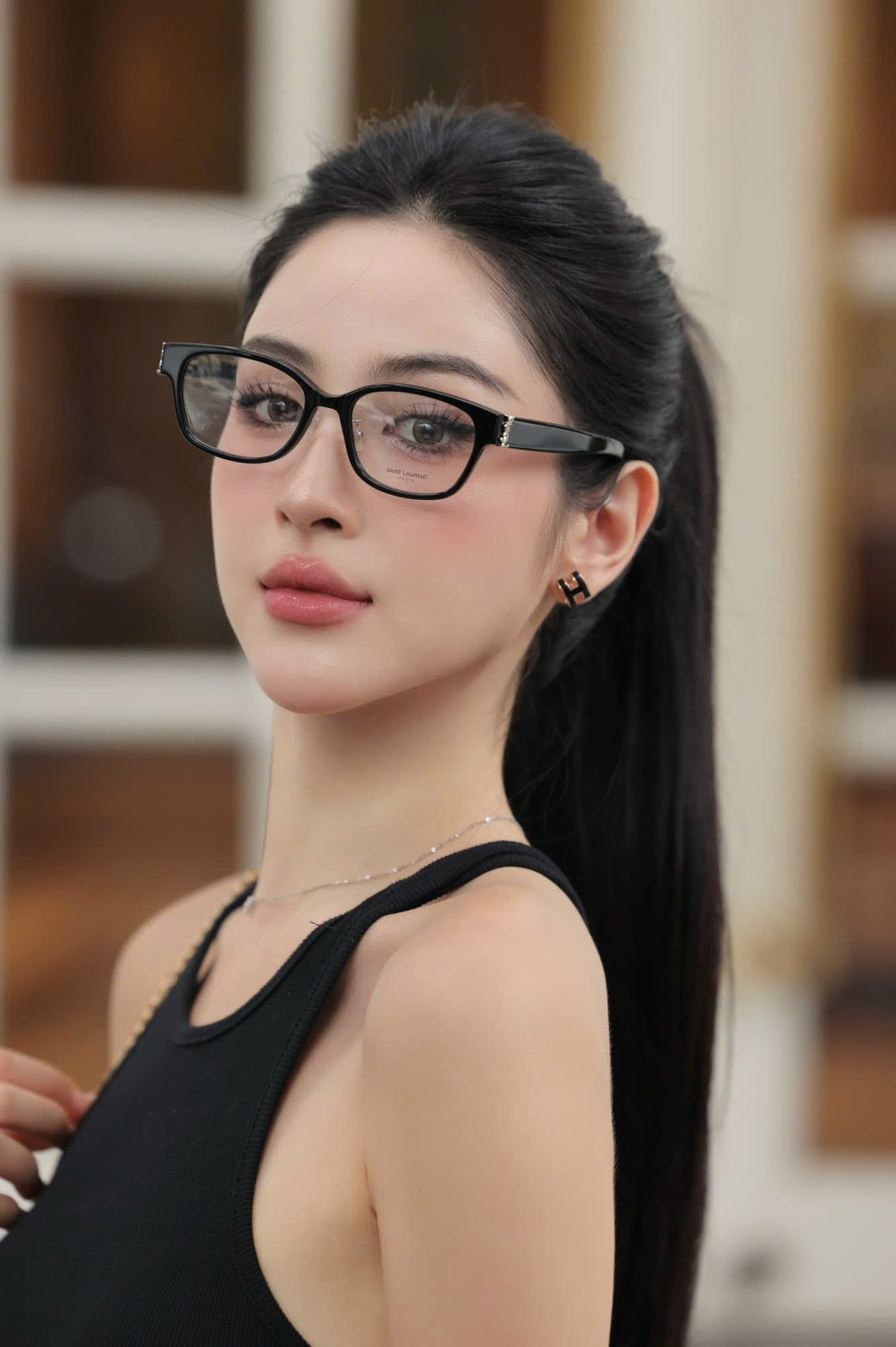 wearing YSL SL M33/J 001 RECTANGULAR EYEGLASSES