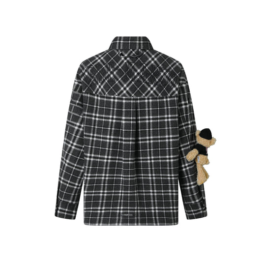 13DE MARZO CLIPPING LOGO PLAID WOOLEN SHIRT BLACK