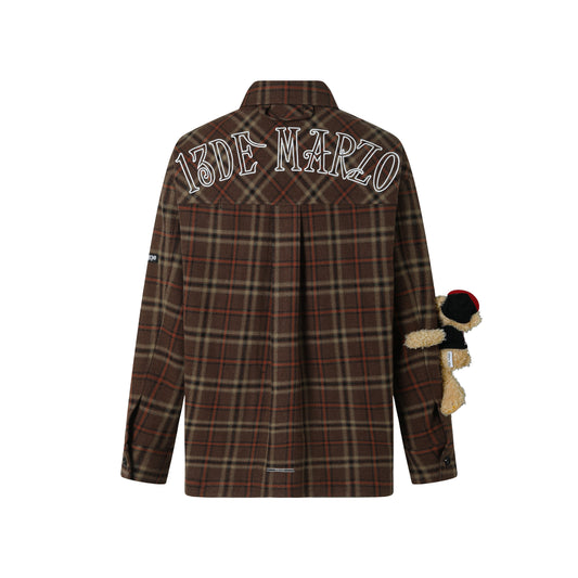 13DE MARZO CLIPPING LOGO PLAID WOOLEN SHIRT BROWN