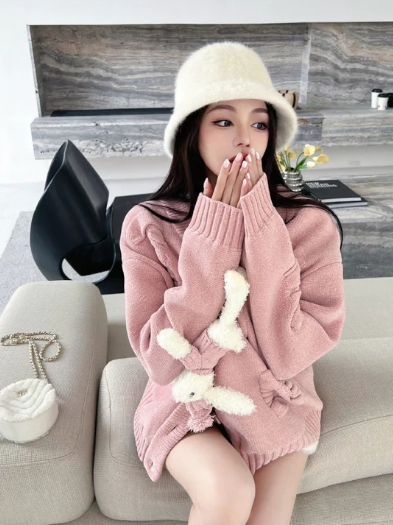 13De Marzo Cardigan Jacquard Rabbit Pink BlankRoom