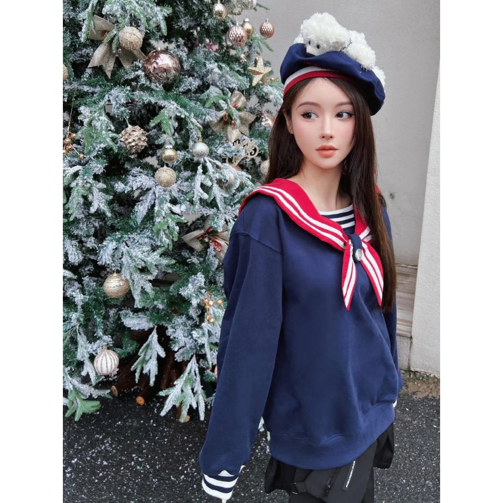 13 De Marzo Sailor Collar Plush Bear Sweater Navy BlankRoom