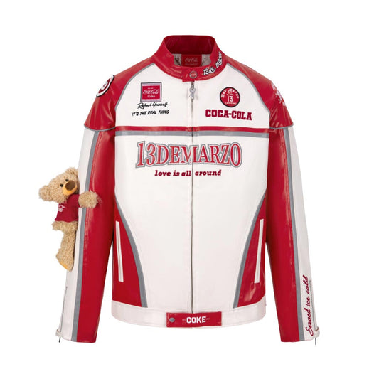 13de marzo x coca-cola bear racing leather jacket red