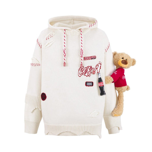 13de marzo x coca-cola bear destroyed knit hoodie white