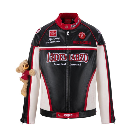 13de marzo x coca-cola bear racing leather jacket black