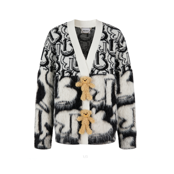 13De Marzo Monogram Bear Button Furry Cardigan Forest River