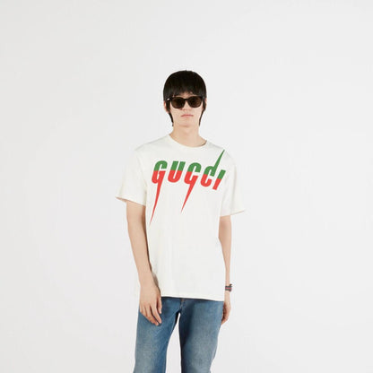áo white cotton t-shirt with gucci blade print