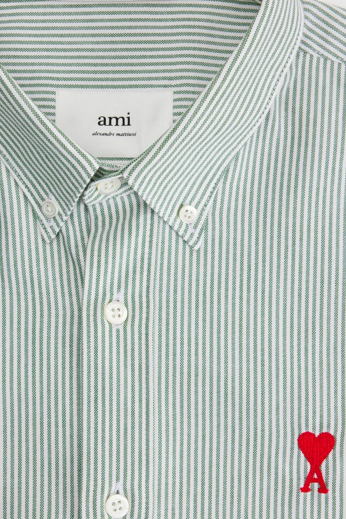 Ami Button Down de Coeur Stripe Cotton Shirt Evergreen