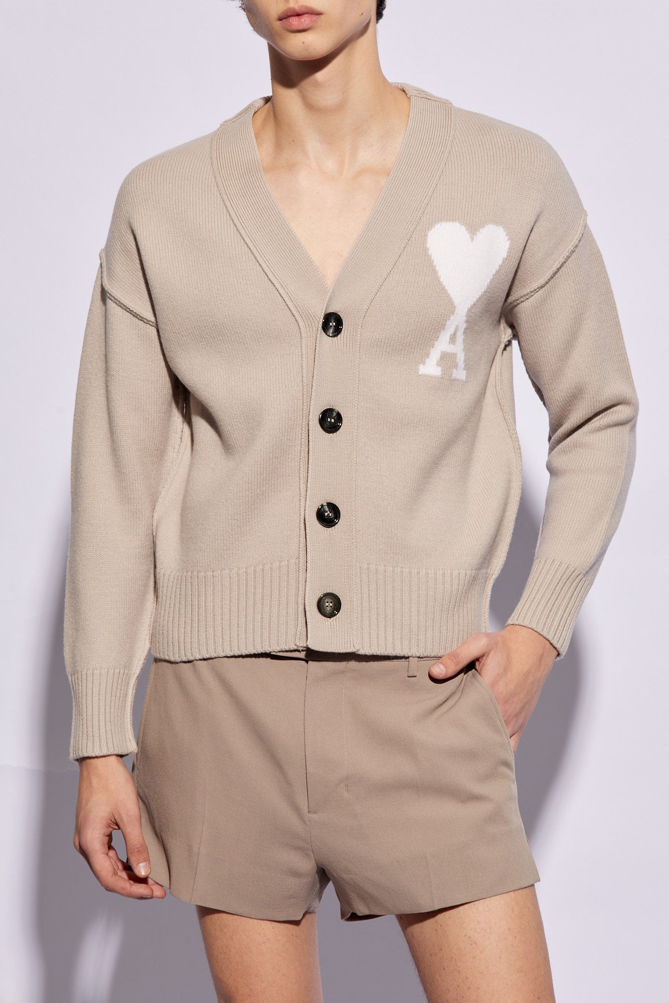 Ami De Coeur Large Logo Light Beige Cardigan BlankRoom