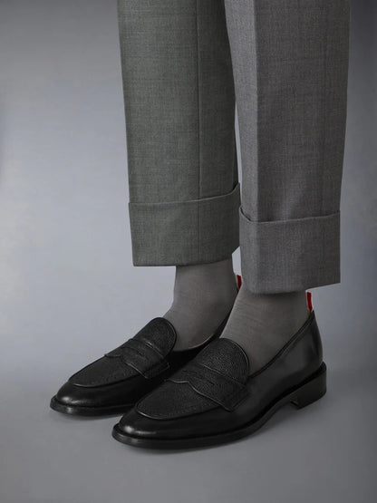 wearing Thom Browne Black Vitello Leather Varsity Penny Loafer MFL076A-05584-001