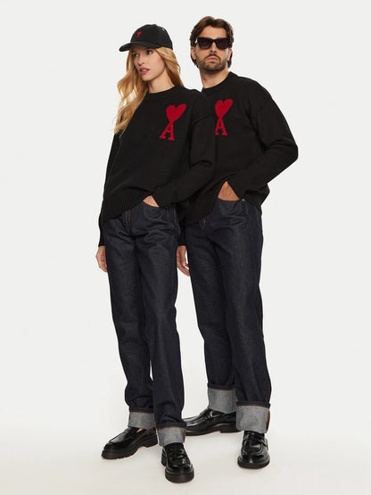 couple mặc áo Ami De Coeur Black Merino Wool Large Logo Sweater BFUKS006.018009