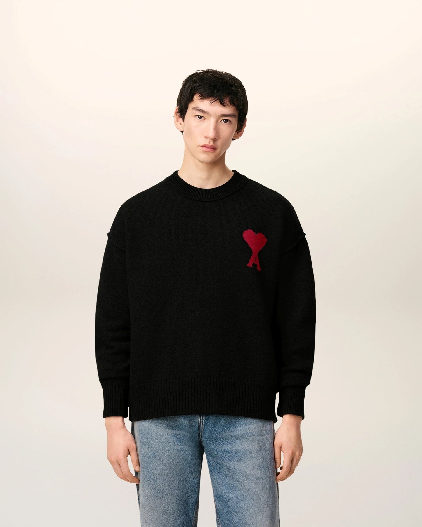 wearing Black Wool Ami De Coeur Crewneck Sweater UKS838.018.009