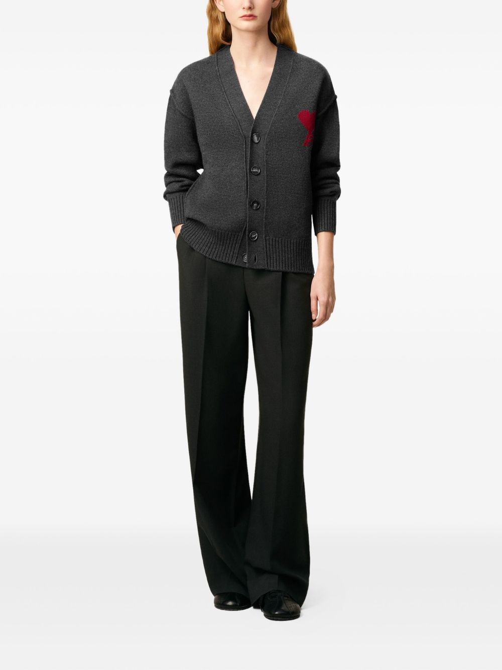 Person wearing a Grey Wool Ami De Coeur Cardigan Heather Grey/Red UKC367.018.084 on a white background