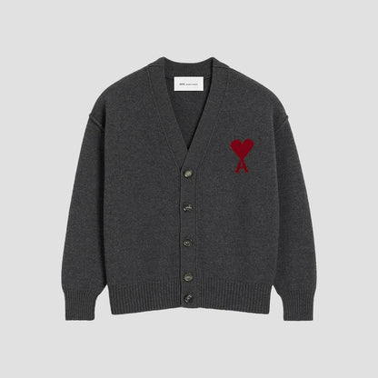 Grey Wool Ami De Coeur Cardigan Heather Grey/Red UKC367.018.084