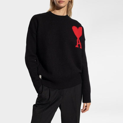 nữ mặc áo Ami de Coeur Crewneck Large Logo Black Sweater BFUKS002.018 009