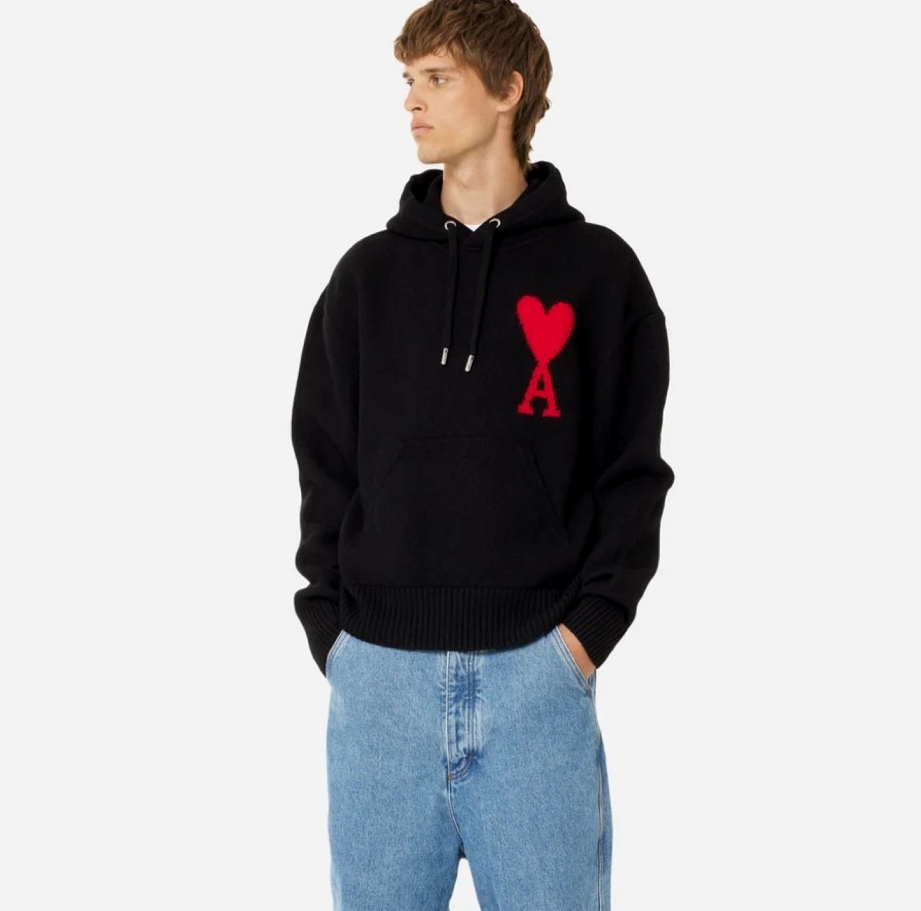 mẫu mặc áo Ami De Coeur Large Logo Black Hoodie UKS802.KN0018 009