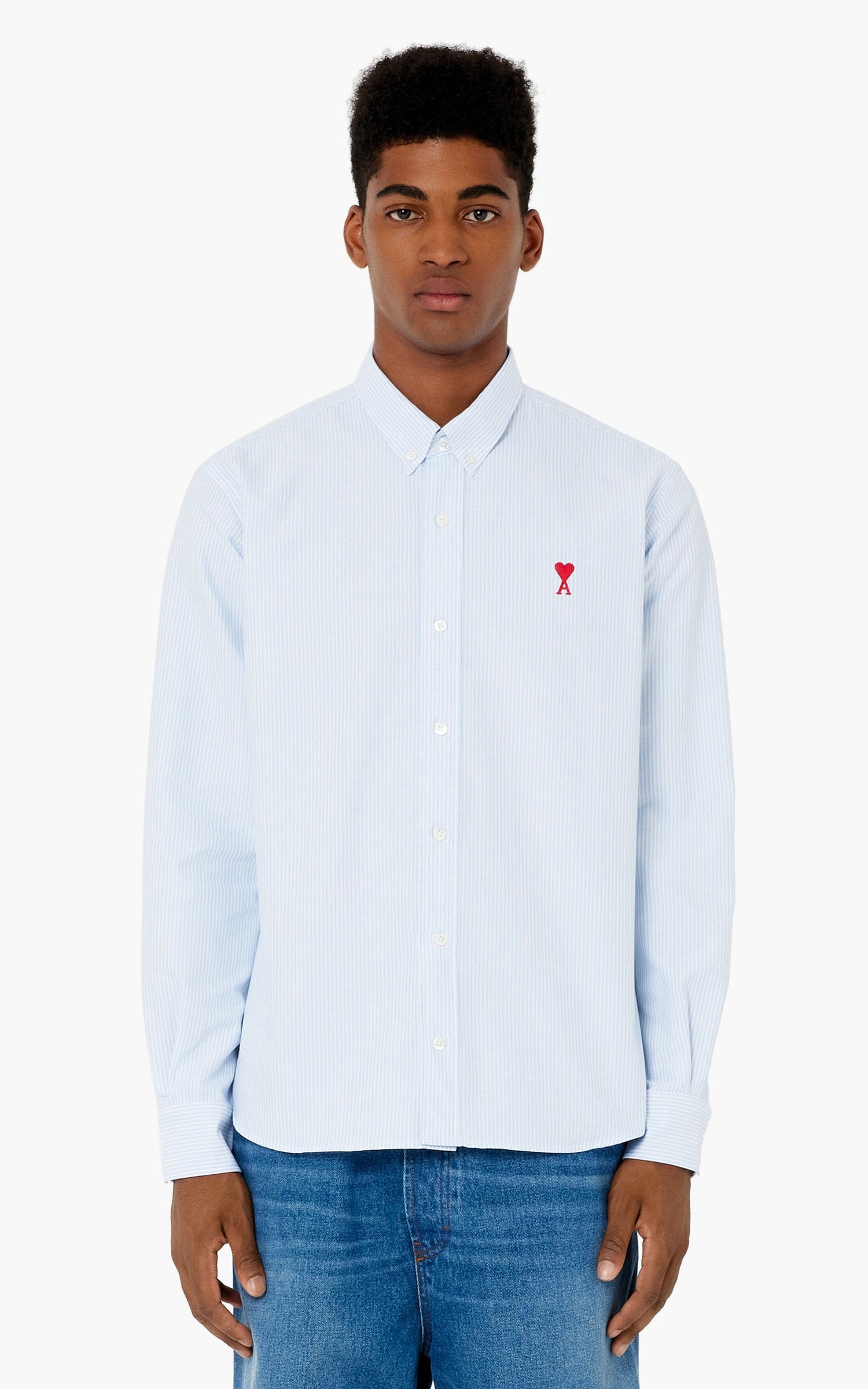 wearing Ami de Coeur Logo Stripe Blue Shirt BFHSH113.CO0021 475