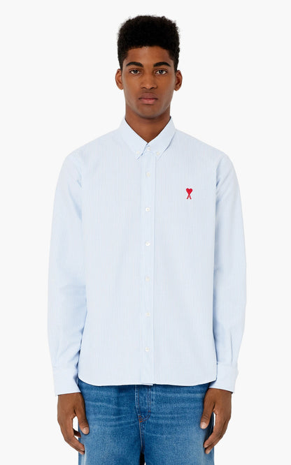 wearing Ami de Coeur Logo Stripe Blue Shirt BFHSH113.CO0021 475