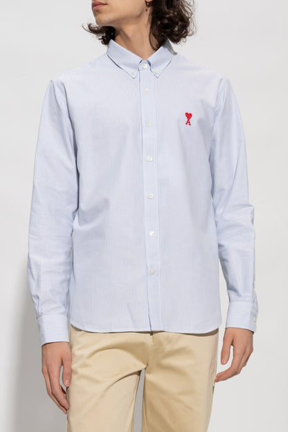 nam mặc áo Ami de Coeur Logo Stripe Blue Shirt BFHSH113.CO0021 475