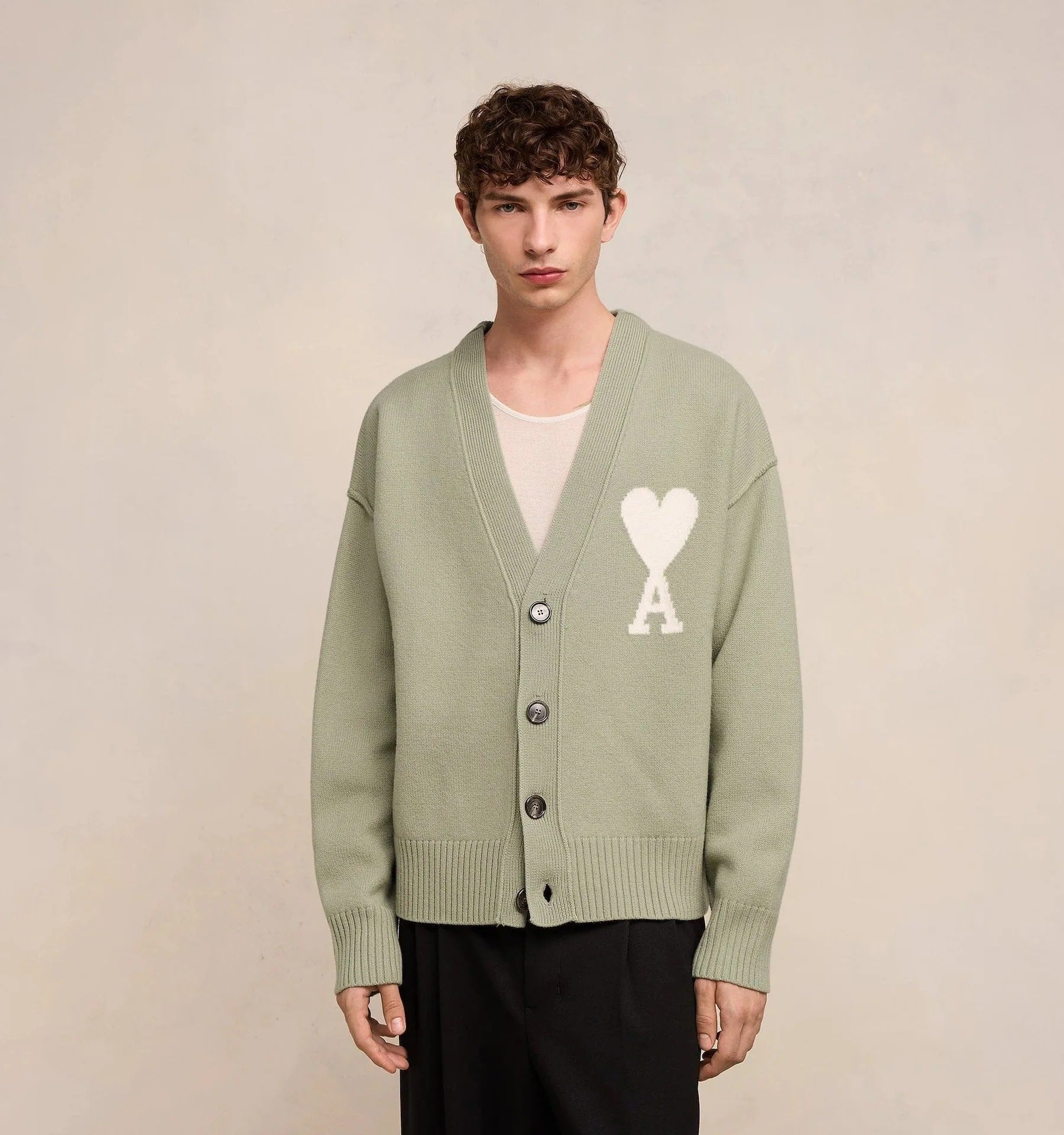 wearing Ami De Coeur Sauge Green Wool Cardigan UKC006.018 319